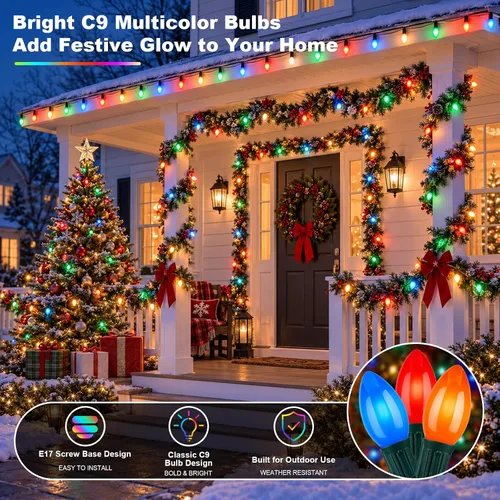 Vista 4 de Paquete de 25 bombillas de repuesto C9 multicolor, bombillas de Navidad C9 de 7 W con base intermedia E17, bombillas incandescentes para luces