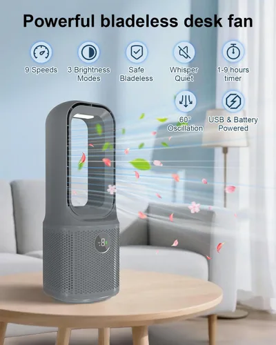 Vista 2 de Ventilador de escritorio sin aspas, ventilador de torre recargable USB de 14 pulgadas con 9 velocidades ajustables, 3 luces, oscilación de 60°