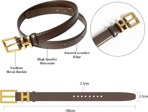 Vista 446 de Cinturón de cuero clásico con hebilla de metal para mujer con vestido de jeans