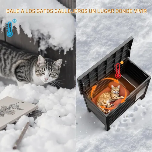 Vista 7 de DRATO Casa para Gatos de Exterior, Refugio para Gatos Ferales Resistente a la Intemperie con Piso Elevado, Cálida, Material PP, Casa Exterior