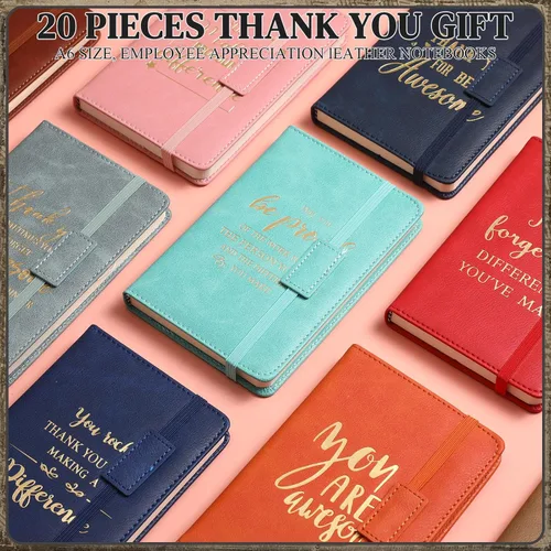 Vista 6 de Qeeenar 24 piezas de regalos de agradecimiento para empleados, regalos de agradecimiento a granel, diario de cuero A6, cuaderno pequeño inspirador