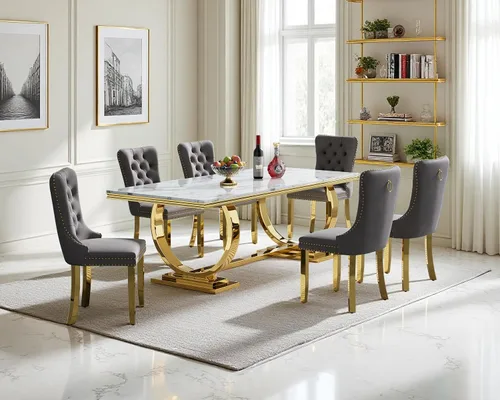 Vista 19 de Juego de mesa de comedor de 5 piezas para 4, mesa de cocina de mármol negro de 68 pulgadas con 4 sillas beige, mesa de comedor rectangular moderna