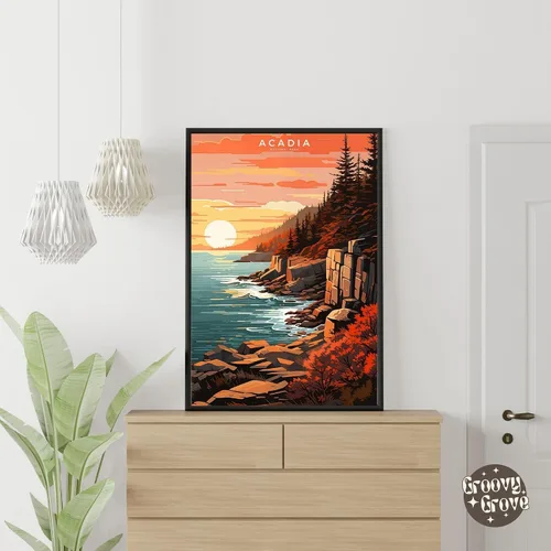Vista 3 de Póster del Parque Nacional Acadia, arte abstracto de la pared, arte de pared de paisaje natural retro, impresiones artísticas de pared para oficina