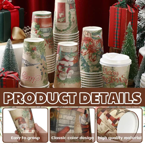 Vista 3 de Cholemy 60 tazas de papel de café de Navidad con tapas, vasos de papel desechables de 16 onzas para decoración de mesa de Navidad, suministros