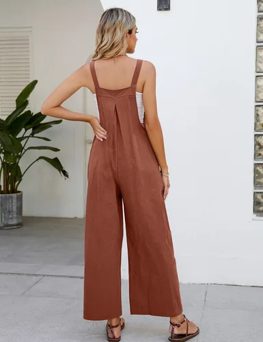 Vista 5 de Rousytn Overol holgado con tirantes ajustables para mujer, de algodón, de pierna ancha, holgado, con bolsillos