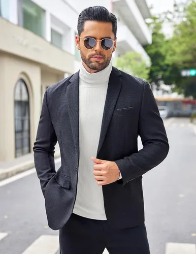Vista 4 de COOFANDY Camisetas de manga larga con cuello alto para hombre, ajustadas, acanaladas, básicas, suéter de punto ligero