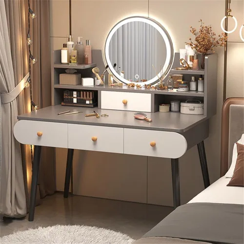 Vista 9 de Tocador con espejo iluminado, estilo simple, moderno, estándar, escritorio de madera, 2 cajones, tocador de maquillaje para dormitorio, vestidor