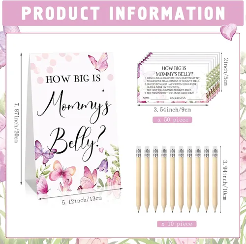 Vista 51 de Sabary 64 Piezas Juegos de Baby Shower Incluyen Letrero How Big is Mommy's Belly Sign Measure Bump Game 50 Tarjetas 10 Lápices 3 Cintas Métricas