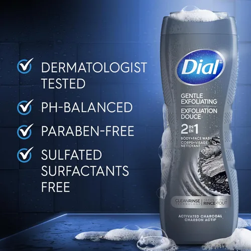 Vista 4 de Dial Men 2 en 1 Jabón para cuerpo y cara, Carbón Activado, 16 fl oz, paquete de 4, Jabón exfoliante suave para cuerpo con tecnología de enjuague