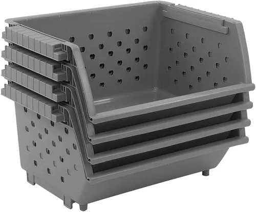 Vista 7 de Paquete de 4 cestas de almacenamiento apilables grandes, cestas de cocina de plástico Cesta organizadora frontal abierta gris