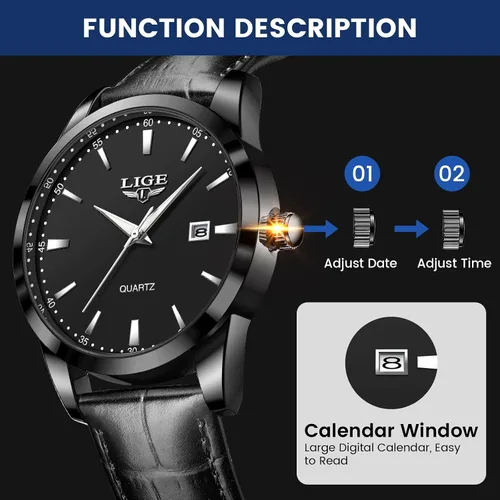 Vista 4 de LIGE Relojes para hombre impermeable analógico vestido vintage cronógrafo analógico casual cuero acero inoxidable movimiento de cuarzo único retro