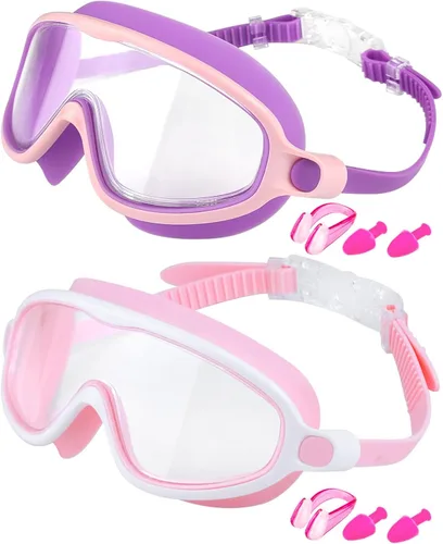 Vista 26 de Swim Goggles 2 Pack, Wide View Anti Fog&UV Swimming Goggles for Audlt, No Leak Pool Beach Essentials for Men Women Azul claro y rosa espejado