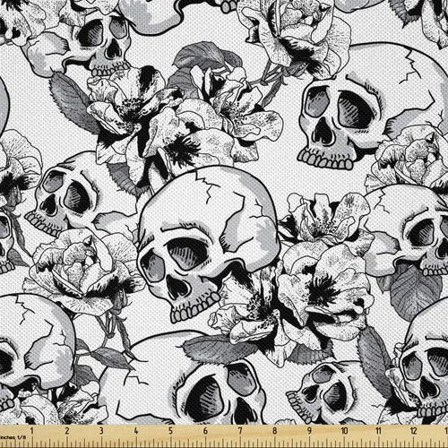 Vista 142 de Ambesonne The Yard, tela de calavera colorida con temática de Halloween, diseño de calavera y huesos cruzados, divertido estampado de dibujos