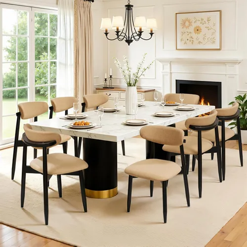 Vista 26 de CHUN YI Juego de 2 sillas de comedor tapizadas de madera maciza, sillas auxiliares de cocina de tela moderna de mediados de siglo con respaldo Beige