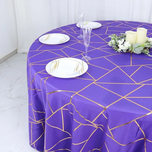 Vista 6 de Efavormart - Mantel redondo de poliéster de 120 pulgadas con patrón geométrico dorado Morado