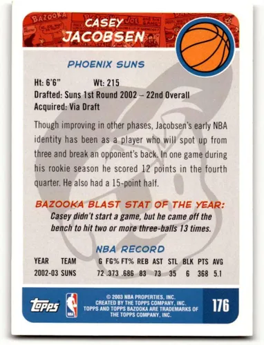 Vista 2 de 2003 Bazooka #176 Casey Jacobsen Phoenix Suns Basketball Cards EX/NM Basketball Card