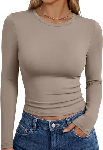 Vista 10 de Trendy Queen Camisetas de manga larga para mujer, camisetas básicas de Verde militar