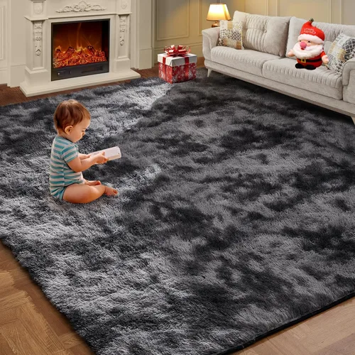 Vista 9 de KNZE - Alfombras súper suaves para sala de estar de 5 x 7 pies, color negro. Alfombra de área esponjosa y peluda, antideslizante y rectangular