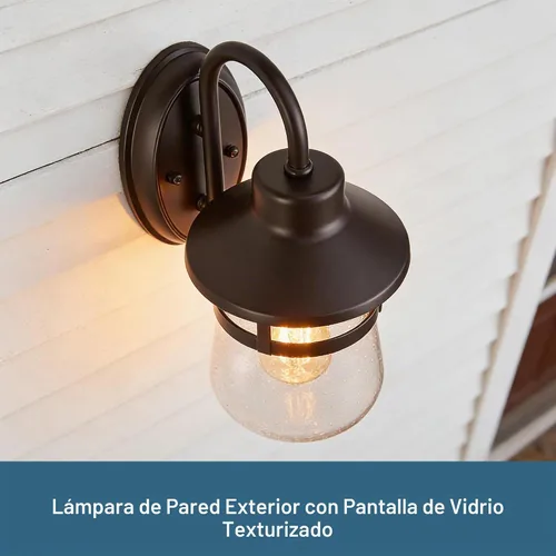 Vista 9 de Tarentlight Aplique de pared para exteriores con pantalla de vidrio transparente semillado, accesorio exterior impermeable en acabado de bronce