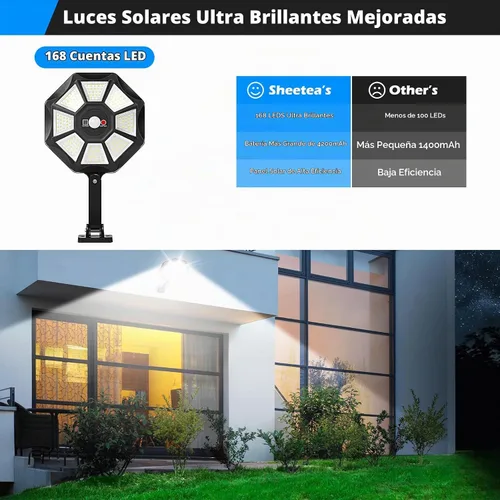 Vista 6 de Luces solares para exteriores impermeables, luces de inundación LED de 6500K 168 luces para exteriores con sensor de movimiento, iluminación solar