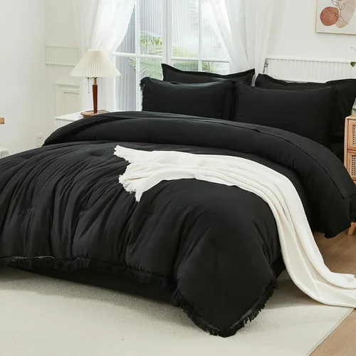 Vista 17 de Andency Juego de ropa de cama con edredón tamaño matrimonial beige con sábanas - 7 piezas, estilo bohemio con borlas, ropa de cama ligera en una 01