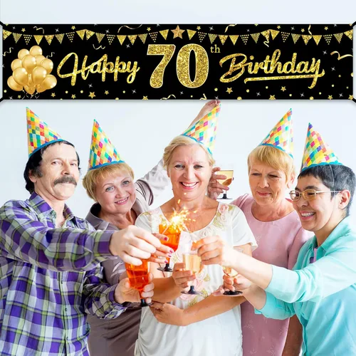 Vista 3 de Cartel de feliz cumpleaños 70 para mujeres y hombres, suministros de fiesta de cumpleaños de 70 años de color negro y dorado, divertido tema de 70