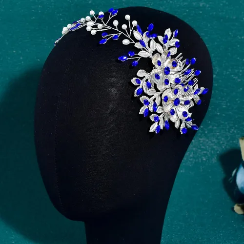 Vista 5 de Diadema nupcial con peine para el cabello - Diadema de boda para novias (azul)