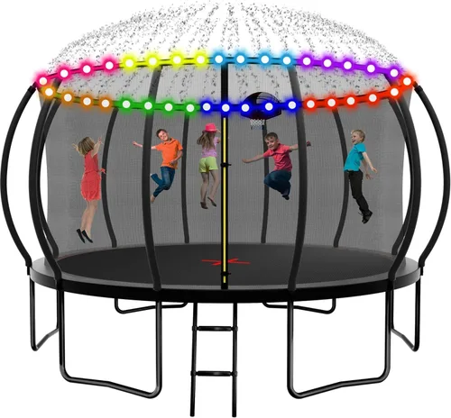 Vista 21 de Trampolín de 1500 libras, 10 pies, 12 pies, 14 pies, 15 pies, 16 pies, con luces LED, rociador, altavoz de música y calcetines, trampolín