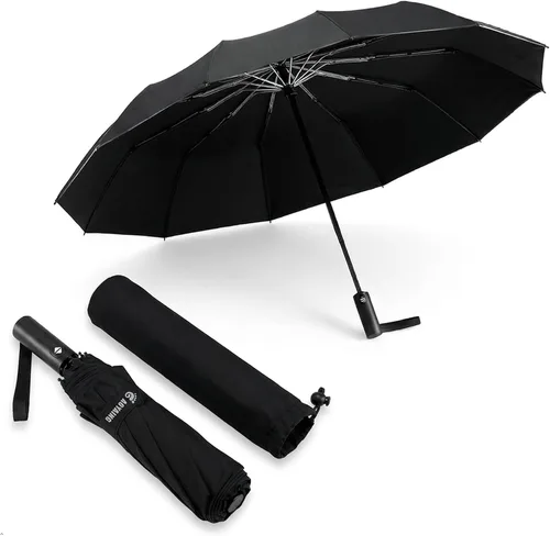 Vista 9 de GAOYAING Paraguas de lluvia automático grande de 46 pulgadas, resistente al viento, ligero, listo para viajar, tela resistente de 12 costillas 210T