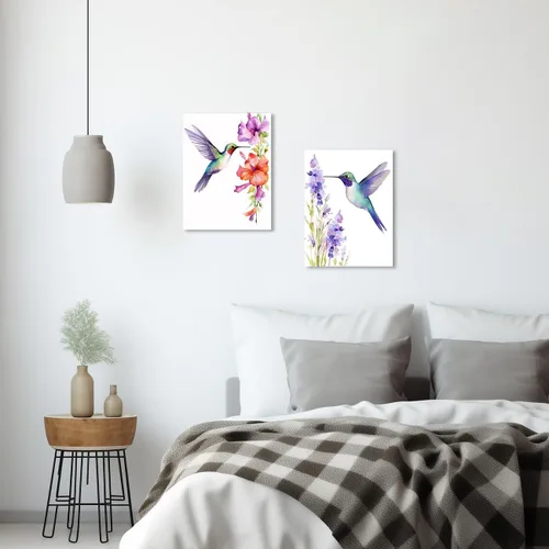 Vista 3 de QIXIANG Lienzo decorativo para pared, 2 piezas, acuarela, colibríes y flores, naturaleza, impresiones para cocina, dormitorio, oficina, decoración