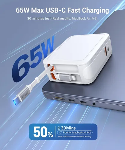 Vista 2 de Cargador USB C retráctil de pared con cables tipo C, carga rápida de 65 W, multipuerto de ladrillo esencial de viaje para Mac Book Pro/Air, iPhone