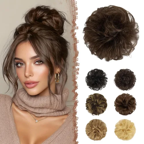 Vista 20 de FESHFEN - Extensiones de moño desordenado humano 100% cabello real, piezas de cabello rizado, extensiones de cola de caballo, cabello ondulado