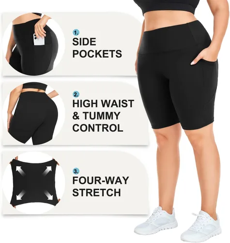 Vista 25 de MOREFEEL Pantalones cortos de ciclismo de talla grande de 8 pulgadas con bolsillos para mujer, cintura alta, control de abdomen, pantalones cortos