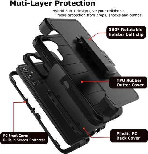 Vista 2 de Funda para teléfono Galaxy A14 5G, para Samsung A14 5G con clip para cinturón con [protector de pantalla incorporado] protector de pie resistente a