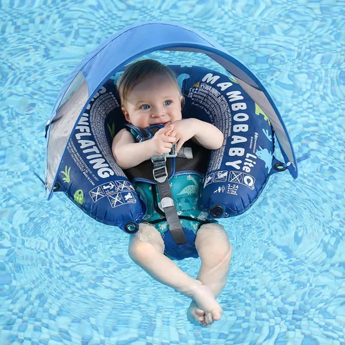 Vista 8 de Flotador Mambobaby para bebé de piscina con toldo y cola Flotador portátil para bebé autoinflable, plegable, flotador de natación, cama flotante