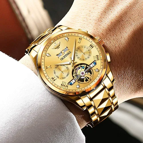 Vista 2 de OUPINKE - Reloj automático para hombre, diseño de esqueleto de diamante mecánico de cuerda automática, lujo, reloj de pulsera de cristal de zafiro