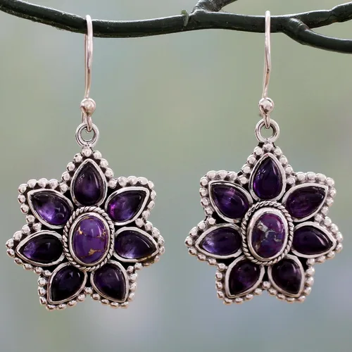 Vista 3 de NOVICA Aretes colgantes hechos a mano de plata de ley 925 con amatista compuesto turquesa reconstituido, morado, indio, piedra natal floral ultra