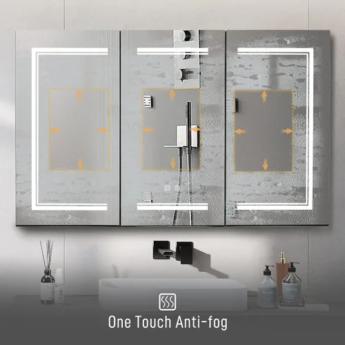 Vista 3 de Karl home Botiquín de baño de 3 puertas de 48 x 28 pulgadas con espejo LED, gabinete de baño regulable de 3 colores montado en la pared con estantes