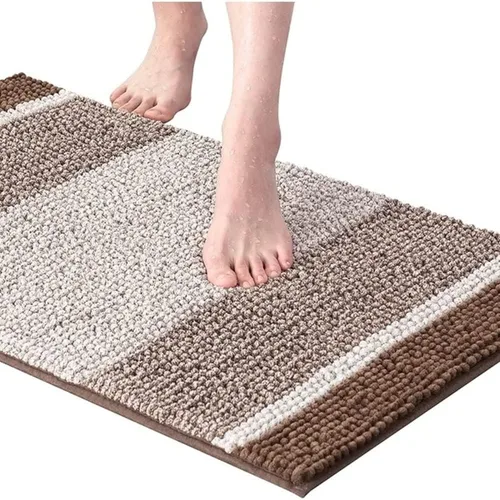 Vista 2 de 1 alfombra de baño de felpilla extrasuave tamaño 20 pulgadas de ancho x 32 pulgadas de largo, diseño a rayas atrevidas, marrón café, felpa, tacto