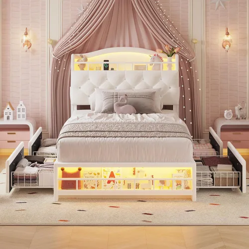 Vista 8 de HAUOMS Cama de princesa individual con luces LED y 4 cajones para niñas
