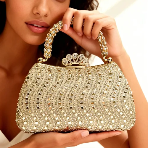 Vista 4 de Bolso de mano de noche con diamantes de imitación de cristal para mujer con cierre de corona de asa dorada, cadena desmontable formal para gala