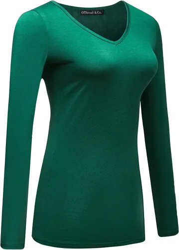 Vista 3 de OThread & Co. Camiseta de manga larga con cuello en V, para mujer, con capa básica, de licra
