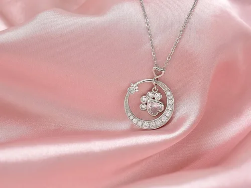 Vista 3 de Collar con estampado de patas para mujeres y niñas, de plata de ley para cachorros, gatos, mascotas, collar con dije de círculo, circonita cúbica