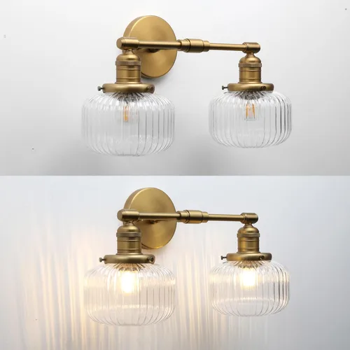 Vista 7 de 2 luces de pared industriales de vidrio, lámpara de pared de latón antiguo con pantalla de globo rayado transparente para tocador de baño