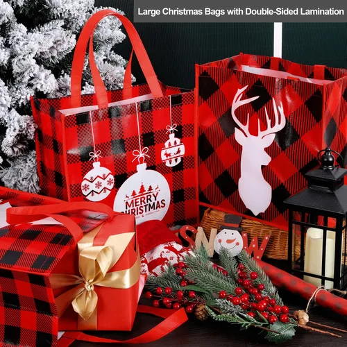 Vista 5 de Aneco 12 bolsas grandes reutilizables de Navidad rojas y negras no tejidas con asas, bolsas de regalo para suministros de fiesta, 14 x 13.8 x 7.5