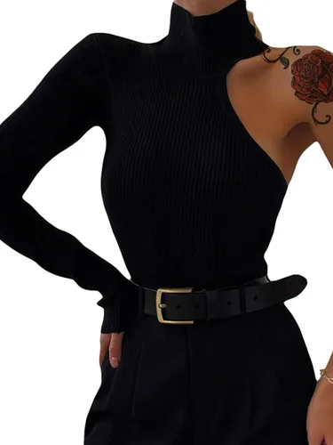 Vista 2 de Hilinker Body de un hombro para mujer, manga larga, cuello alto, punto acanalado