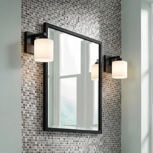 Vista 4 de mirrea Lámpara de tocador negra de 1 luz para espejo, aplique de pared de baño con pantallas de vidrio blanco esmerilado