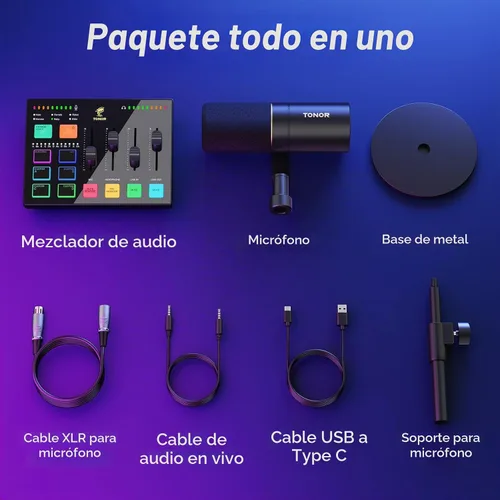 Vista 8 de TONOR Set de interfaz de audio y micrófono, paquete de equipo de podcast, mezclador de audio USB con RGB, micrófono dinámico XLR con calidad