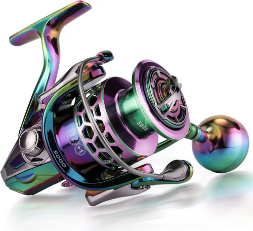 Vista 3 de Sougayilang Carrete de pesca, carretes giratorios de marco de aluminio colorido con 12+1 BB inoxidable, mango de aluminio de gran tamaño para pesca