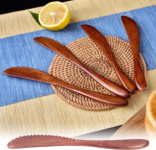 Vista 2 de Juego de 5 cuchillos de madera para cena, cuchillos de pastel pulidos, cuchillo de mantequilla reutilizable, cuchillo ecológico hecho a mano, juego